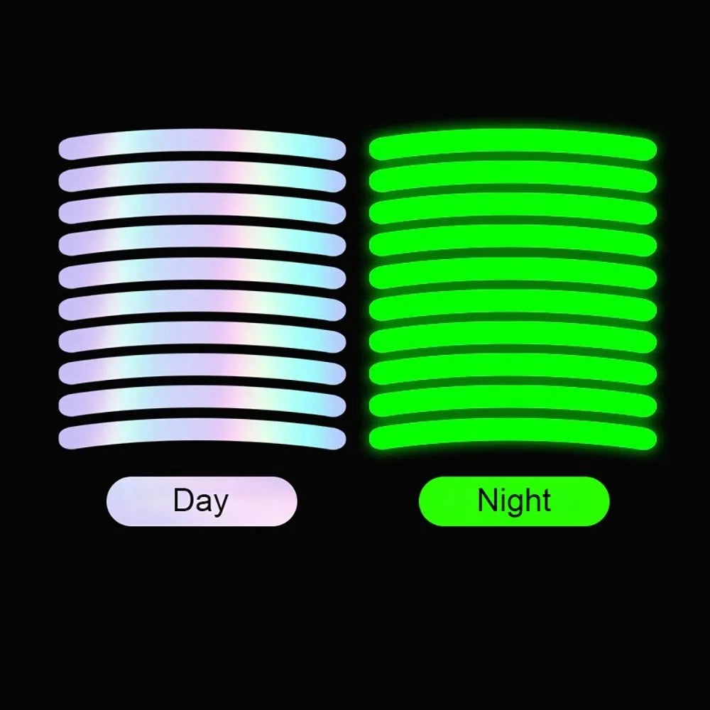 20Pcs Wheel Hub Reflective Sticker Rainbow Fluorescence Luminous Stripe Tape Car Motorcycle Decal Night Driving Safety Accessory
