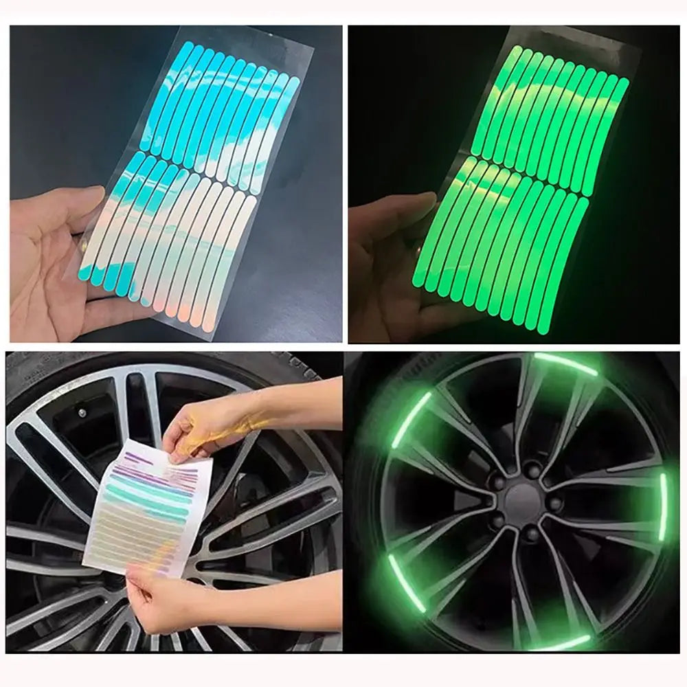 20Pcs Wheel Hub Reflective Sticker Rainbow Fluorescence Luminous Stripe Tape Car Motorcycle Decal Night Driving Safety Accessory