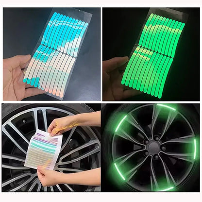 20Pcs Wheel Hub Reflective Sticker Rainbow Fluorescence Luminous Stripe Tape Car Motorcycle Decal Night Driving Safety Accessory